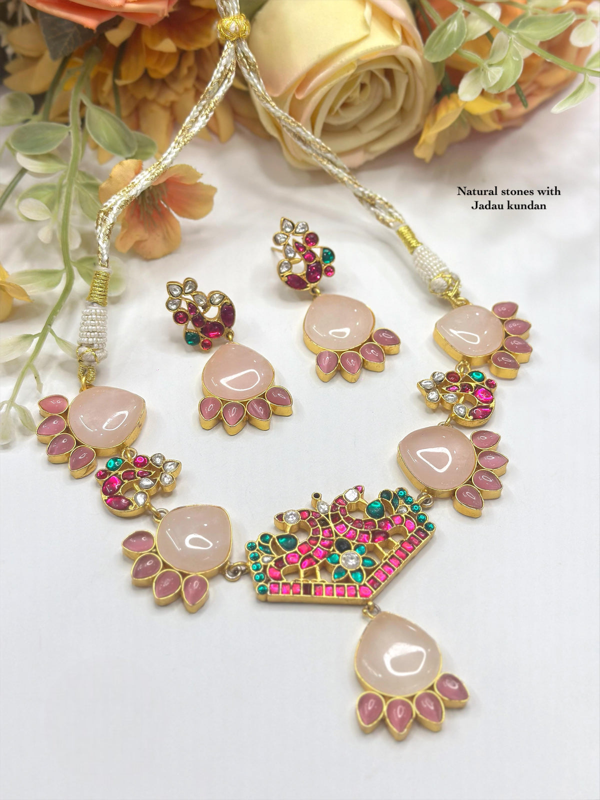 Pink Lotus Motif Necklace Set with Matching Earrings | Natural Stones & Jadau Kundan