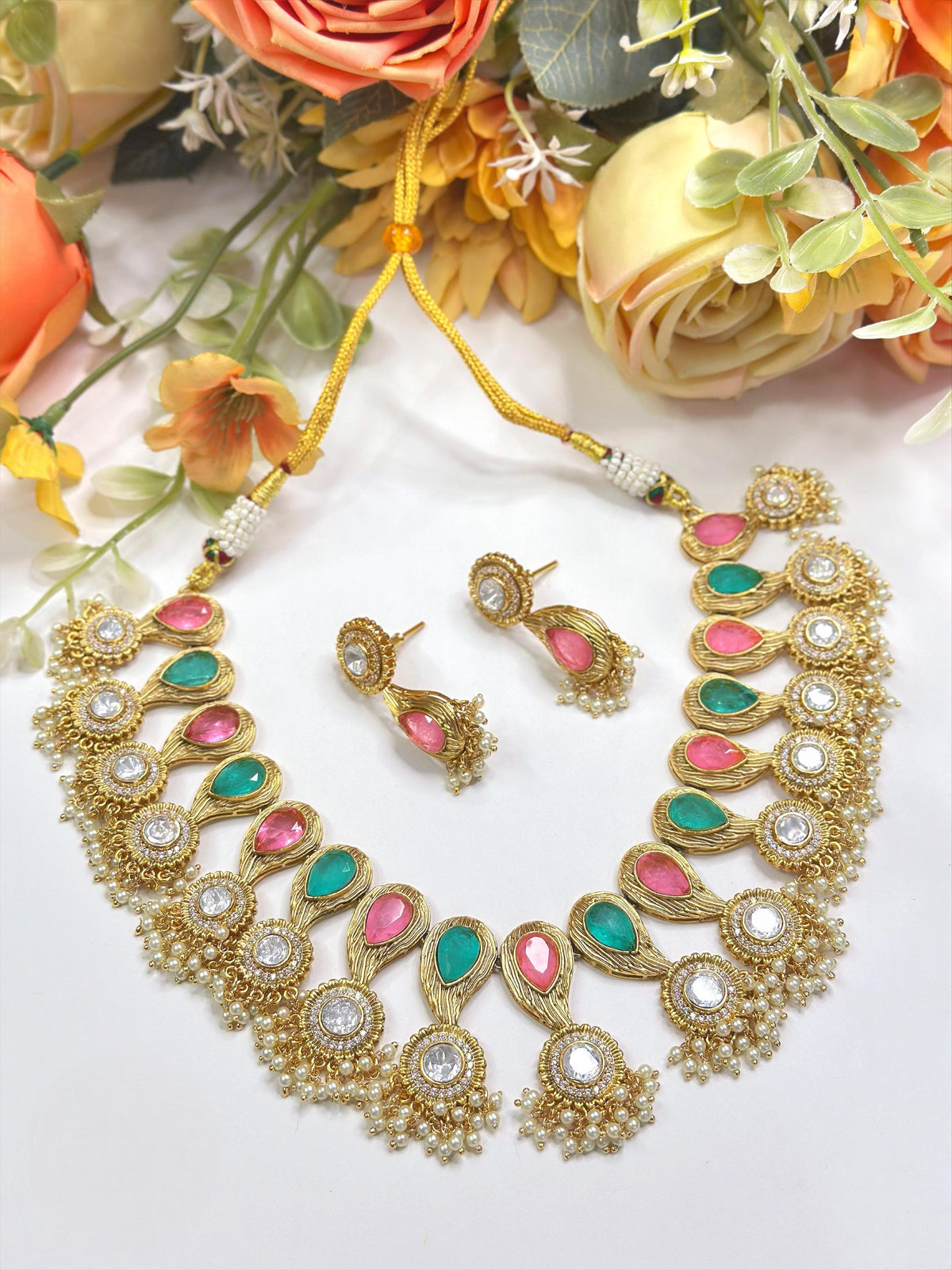 Traditional Ruby & Emerald Pearl Drop Necklace Set | Gold Finish with Matching Earrings