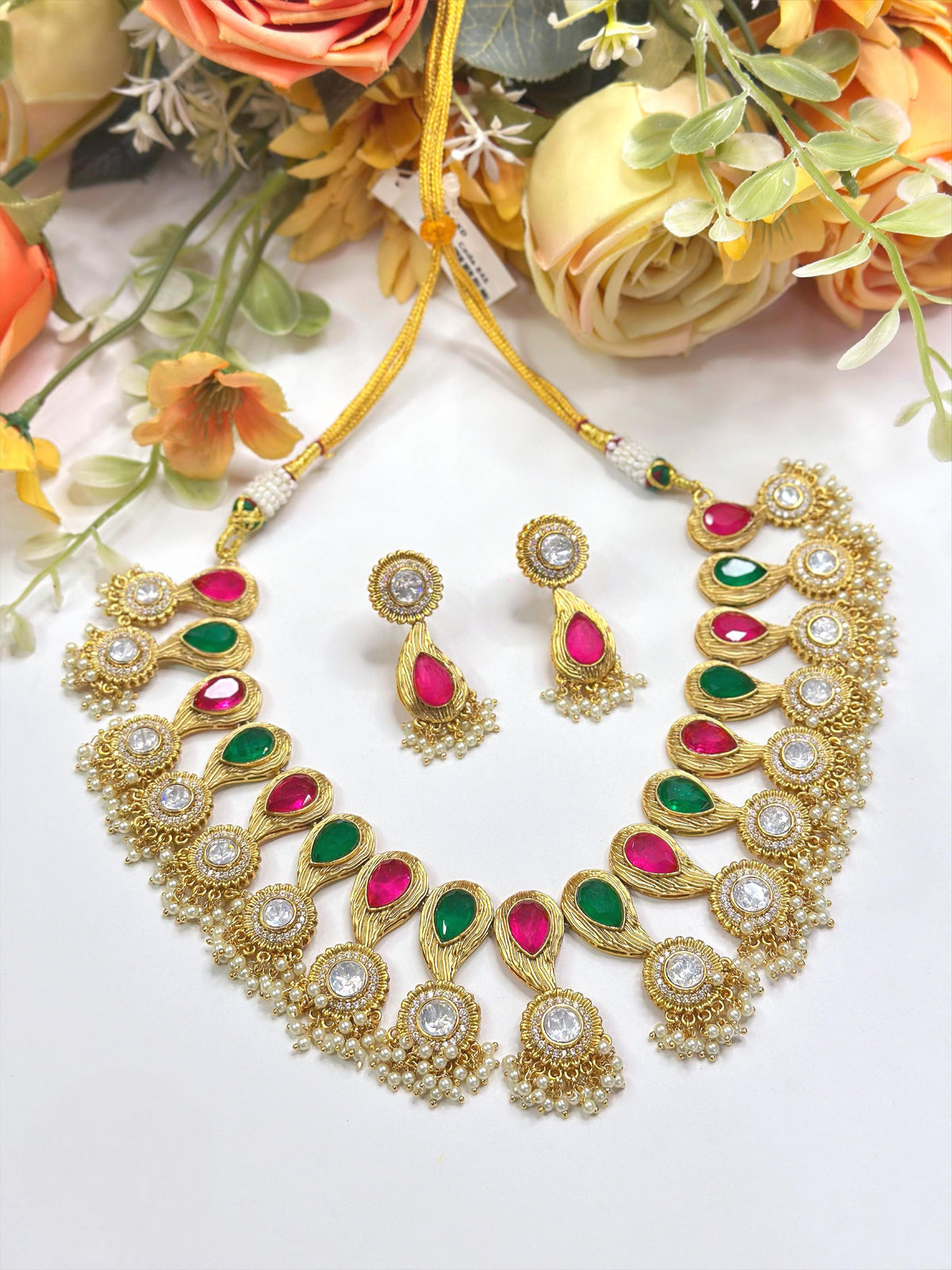 Traditional Ruby & Emerald Pearl Drop Necklace Set | Gold Finish with Matching Earrings