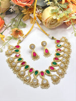 Traditional Ruby & Emerald Pearl Drop Necklace Set | Gold Finish with Matching Earrings