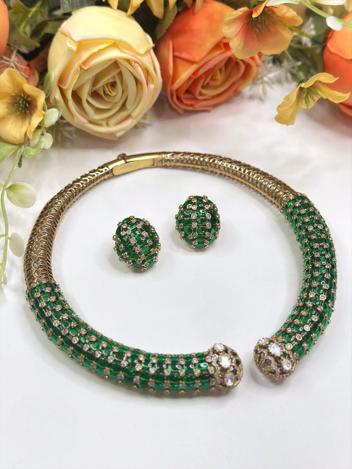 Emerald Green Enamel Collar Necklace Set with Earrings | Designer Statement Jewelry
