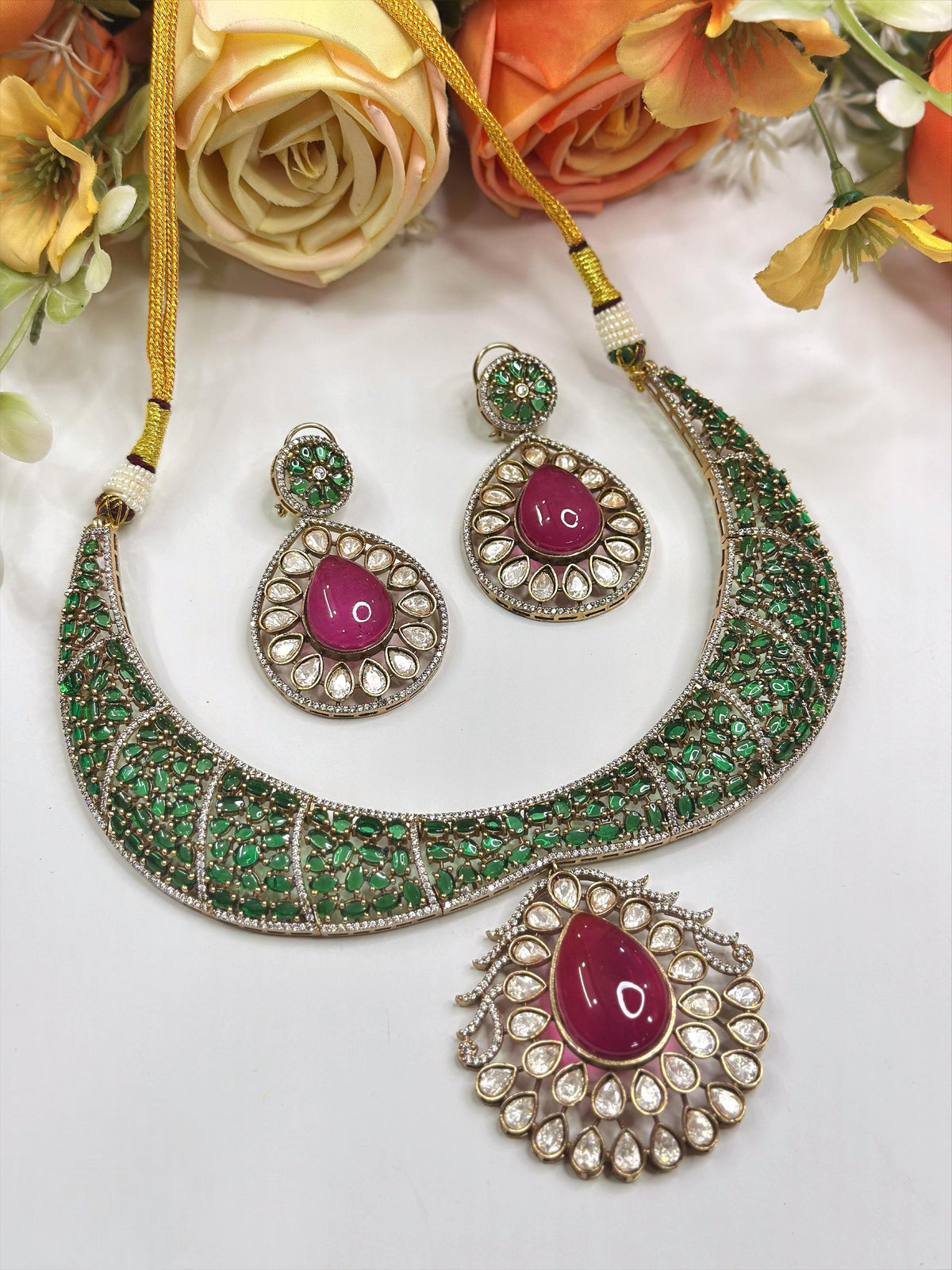 Green Emerald Choker Necklace Set with Ruby Pendant & Earrings | Bridal Statement Jewelry