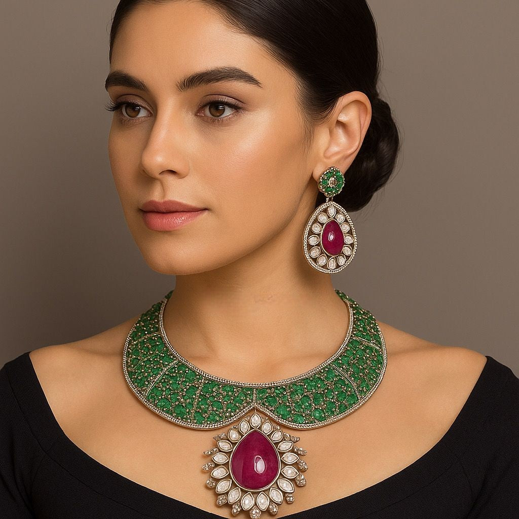 Green Emerald Choker Necklace Set with Ruby Pendant & Earrings | Bridal Statement Jewelry