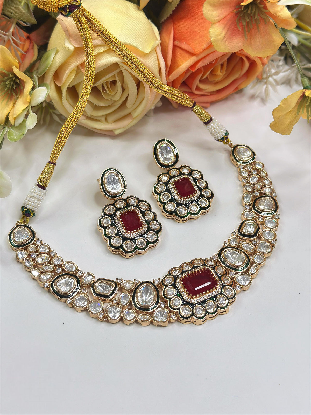 Kundan Polki Bridal Necklace Set with Ruby Red Stones – Traditional Indian Jewelry