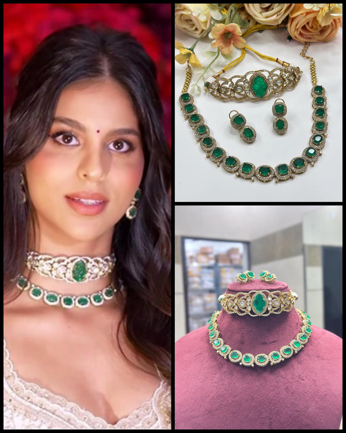 Suhana Khan-Inspired Green Polki Necklace Set – Choker, Necklace & Earrings