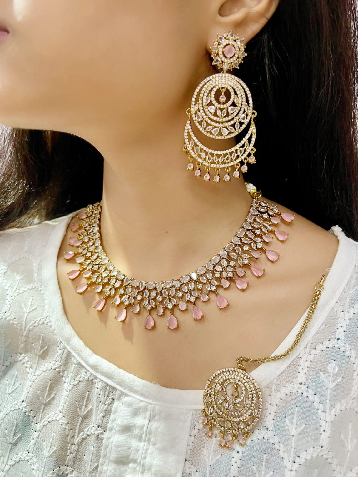 Royal Emerald Green CZ Necklace Set Choker, Earrings & Maang Tikka