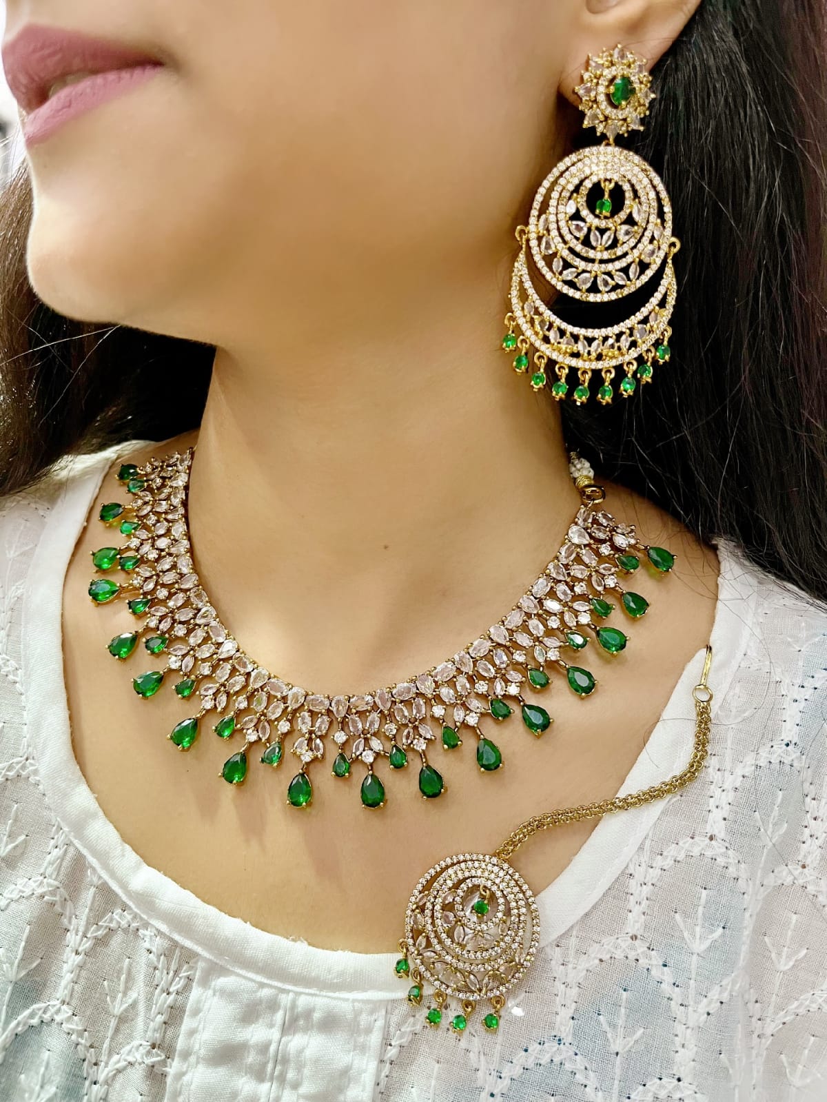 Royal Emerald Green CZ Necklace Set Choker, Earrings & Maang Tikka
