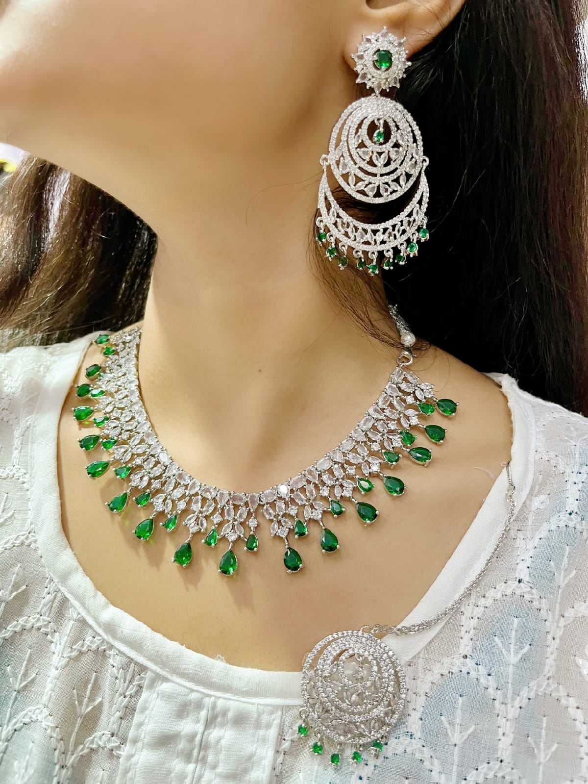 Royal Emerald Green CZ Necklace Set – Choker, Earrings & Maang Tikka