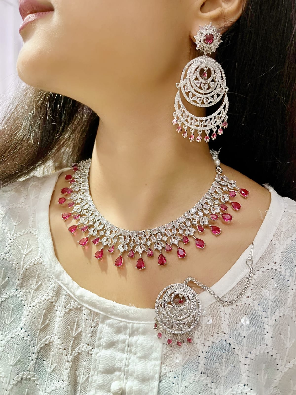 Royal Emerald Green CZ Necklace Set – Choker, Earrings & Maang Tikka