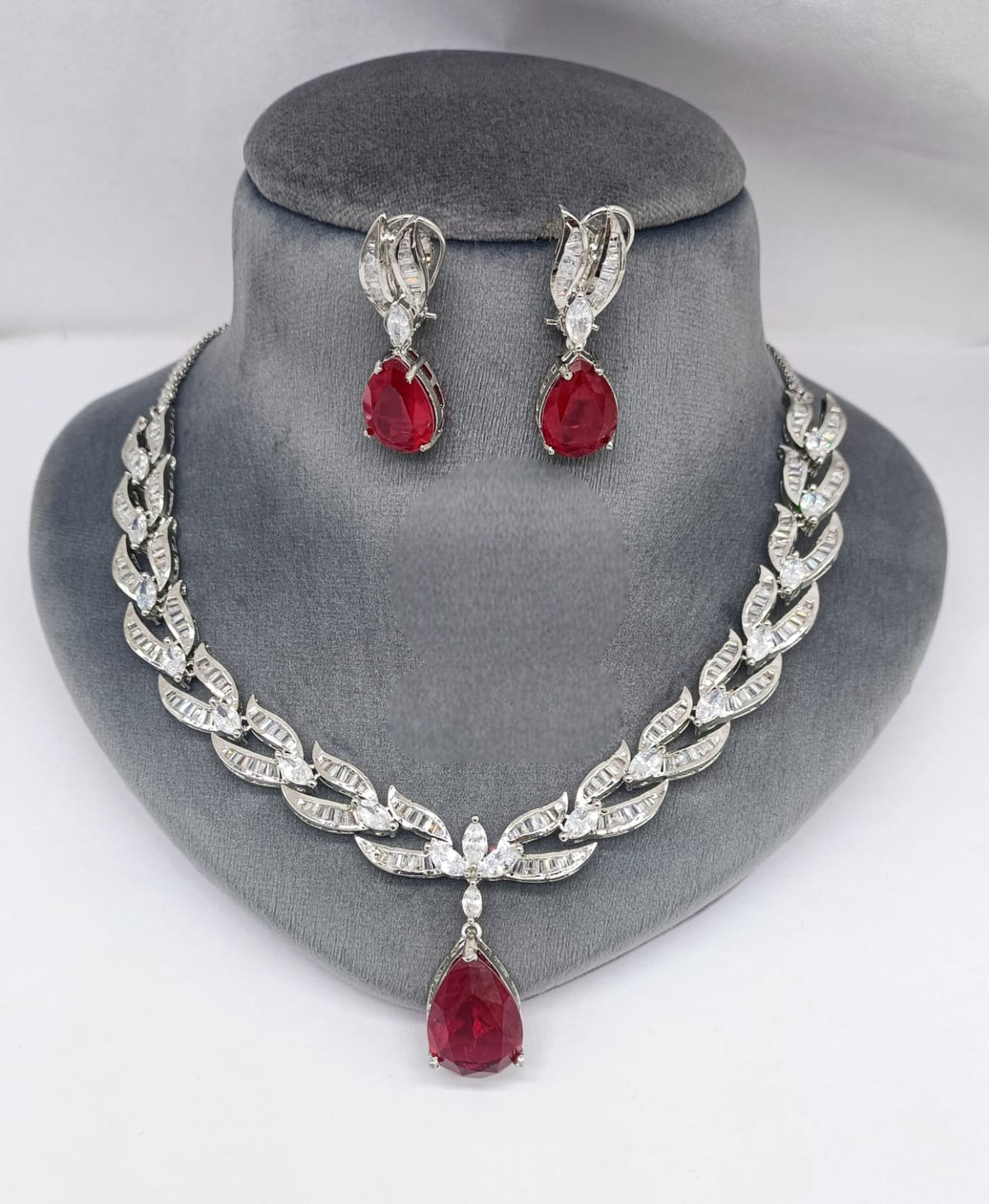 Elegant Silver-Plated Necklace Set with Ruby Red Stones & Matching Earrings Set