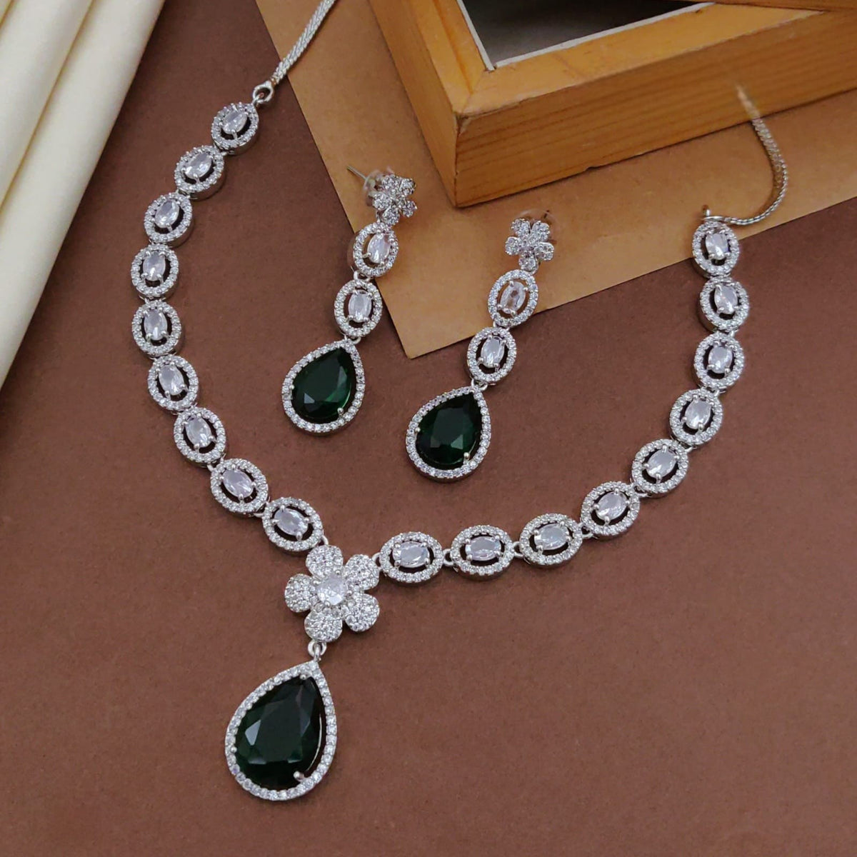 Green Emerald-Cut Stone Necklace Set with Earrings | CZ Diamond Bridal Jewelry