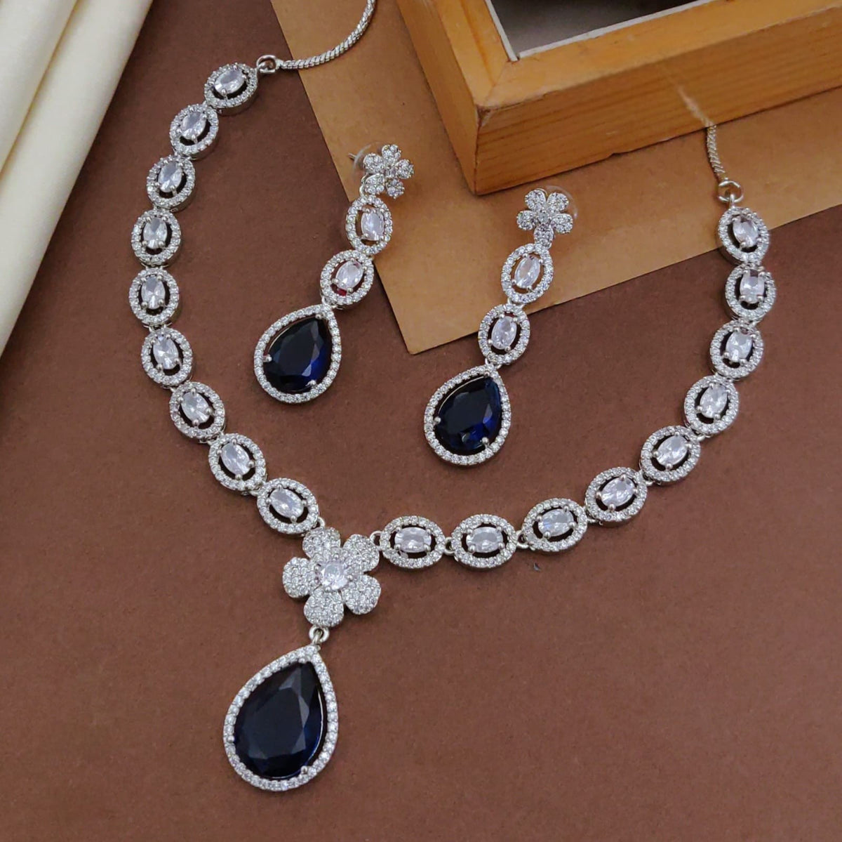 Green Emerald-Cut Stone Necklace Set with Earrings | CZ Diamond Bridal Jewelry
