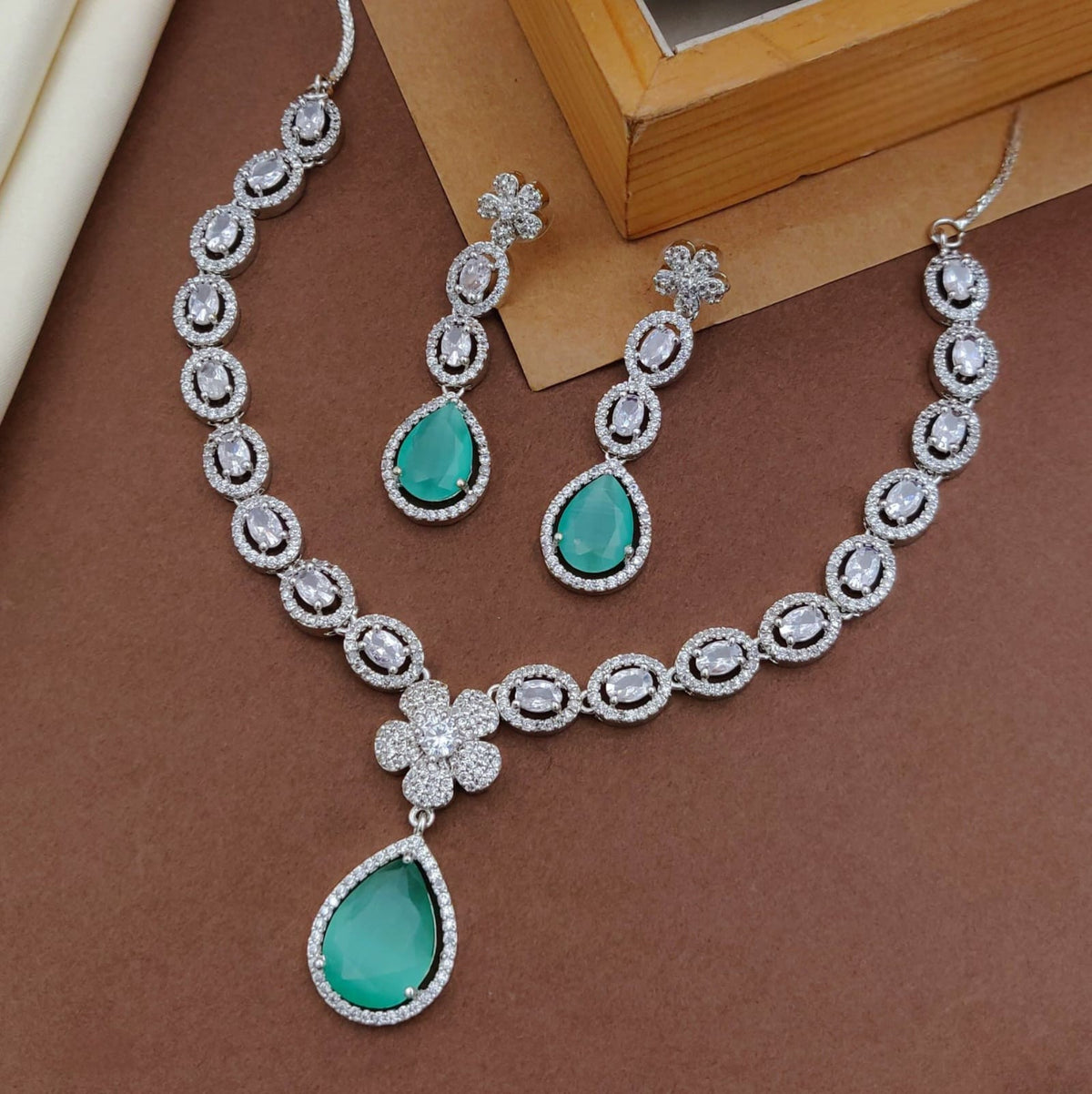 Green Emerald-Cut Stone Necklace Set with Earrings | CZ Diamond Bridal Jewelry