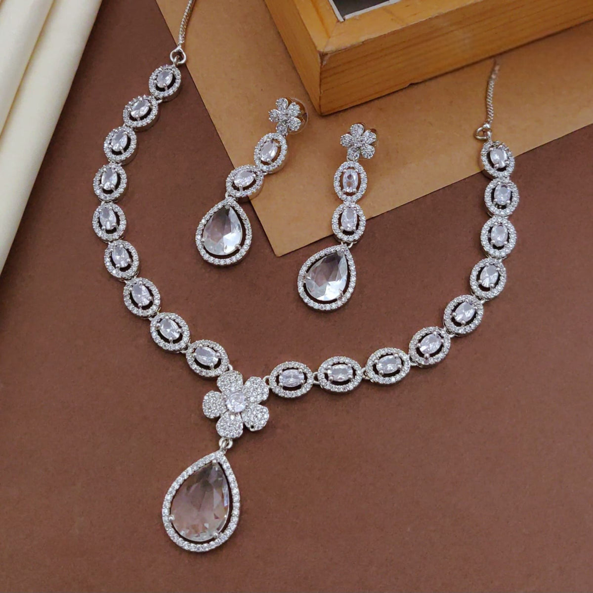 Green Emerald-Cut Stone Necklace Set with Earrings | CZ Diamond Bridal Jewelry