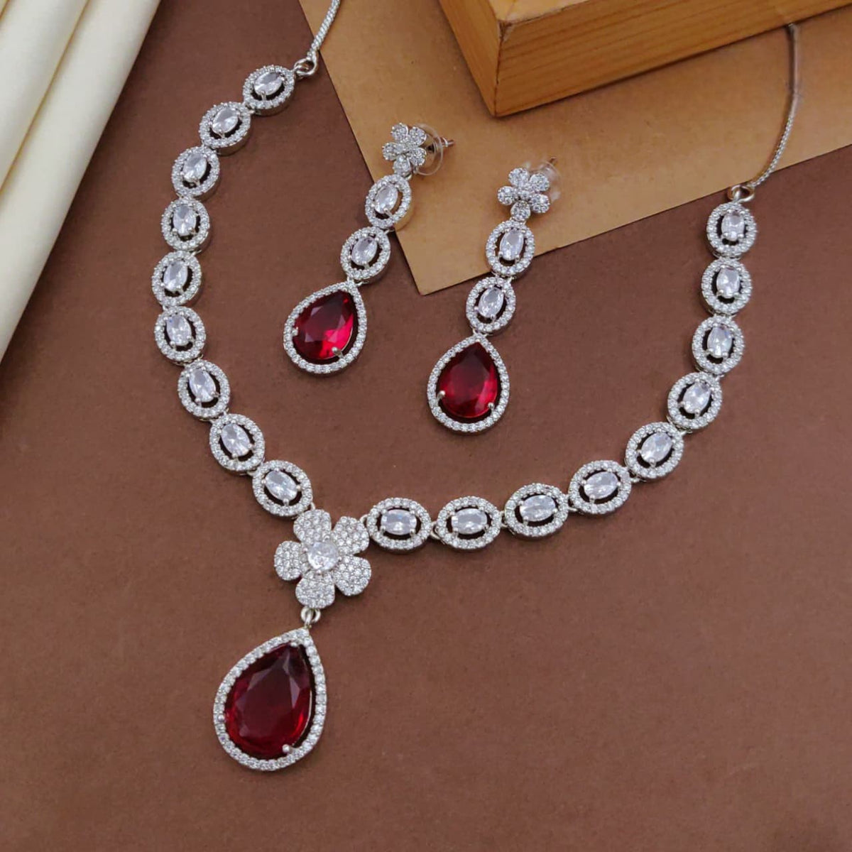 Green Emerald-Cut Stone Necklace Set with Earrings | CZ Diamond Bridal Jewelry