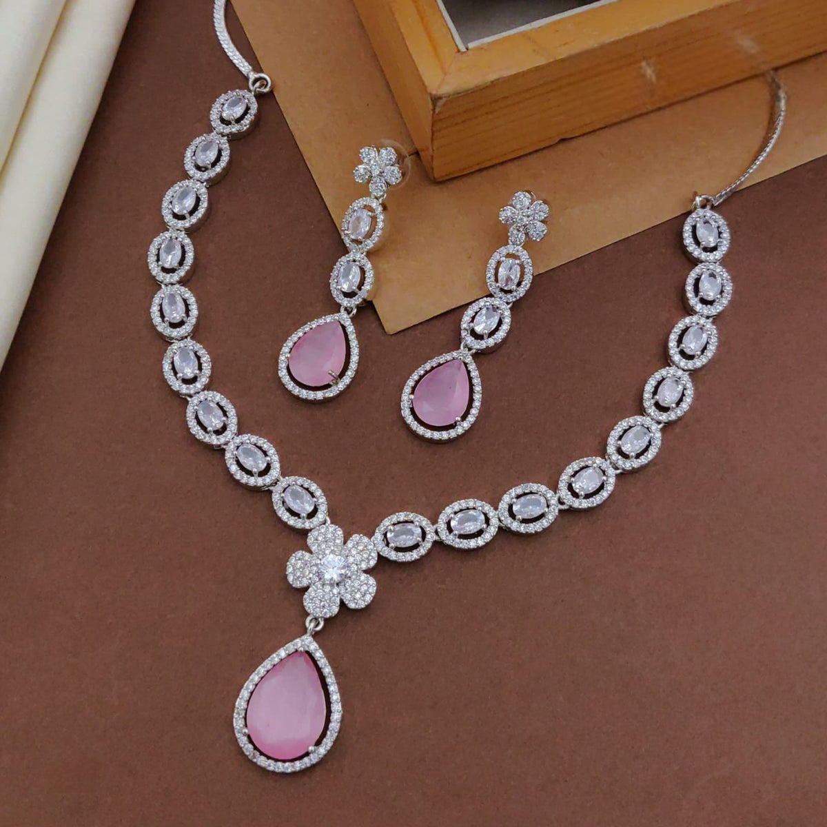 Green Emerald-Cut Stone Necklace Set with Earrings | CZ Diamond Bridal Jewelry