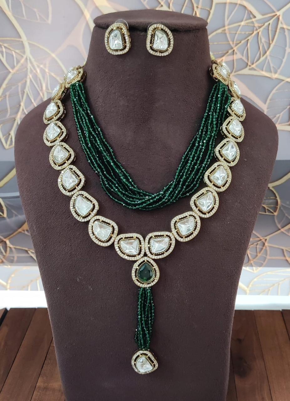 Green Beaded Kundan Necklace Set with Earrings | Traditional Indian Bridal Jewelry