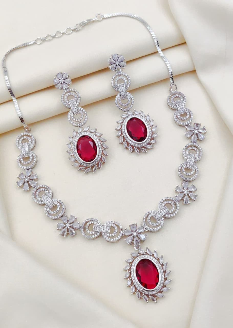 Elegant Silver-Plated Necklace & Earring Set with Green Stone & CZ Diamonds