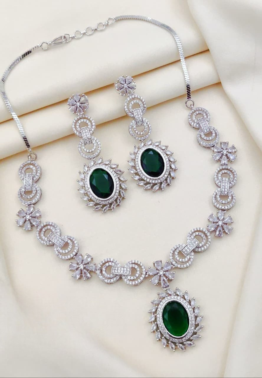 Elegant Silver-Plated Necklace & Earring Set with Green Stone & CZ Diamonds