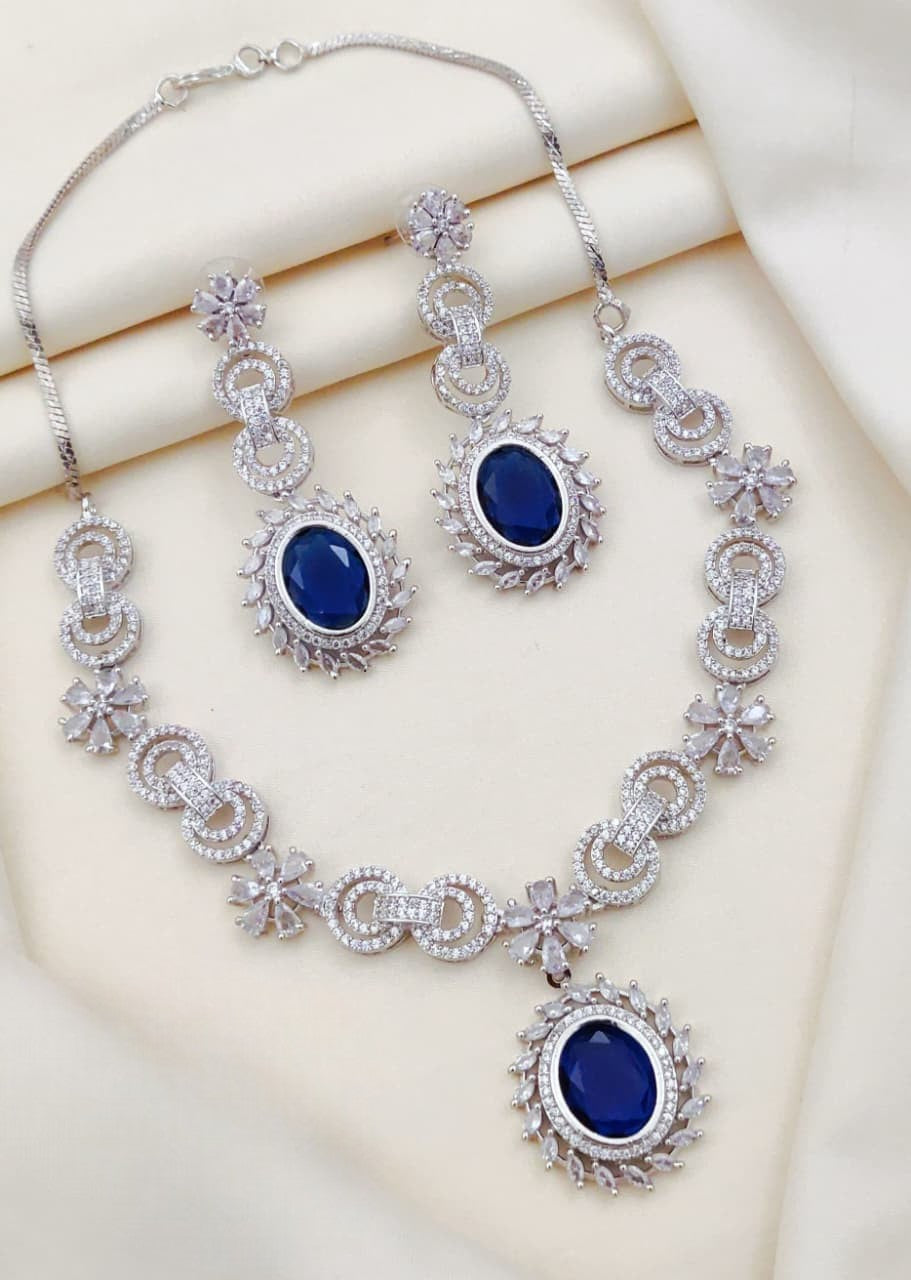 Elegant Silver-Plated Necklace & Earring Set with Green Stone & CZ Diamonds