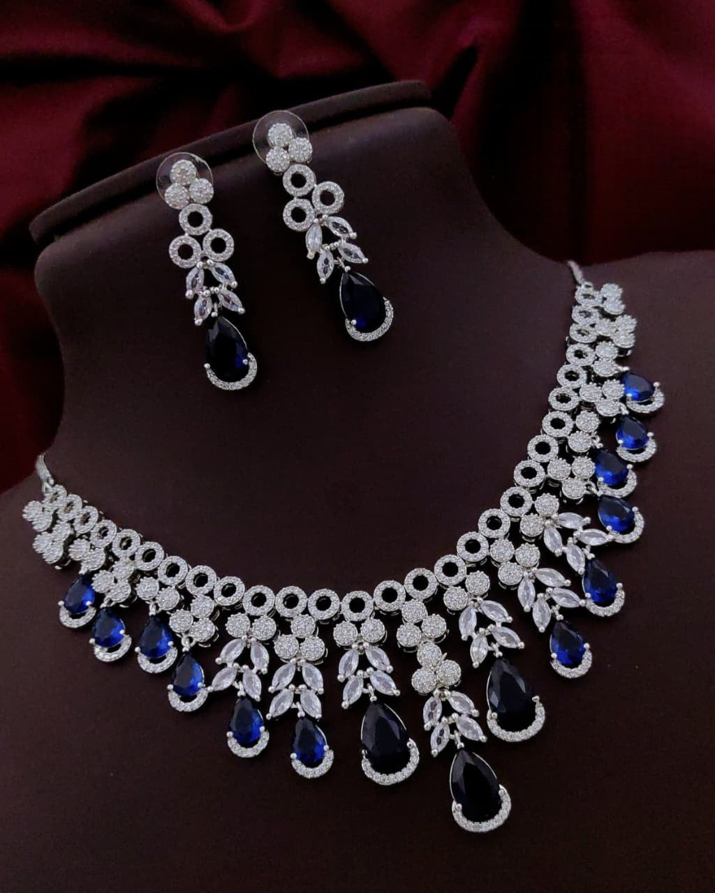 Luxury Silver-Plated Necklace & Earring Set with Sapphire Blue Stones & CZ Diamonds