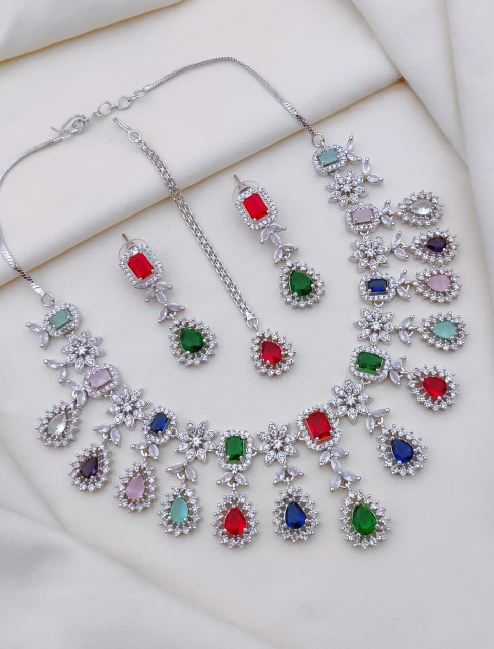 Multicolor CZ Stone Bridal Jewelry Set with Maang Tikka – Necklace, Earrings