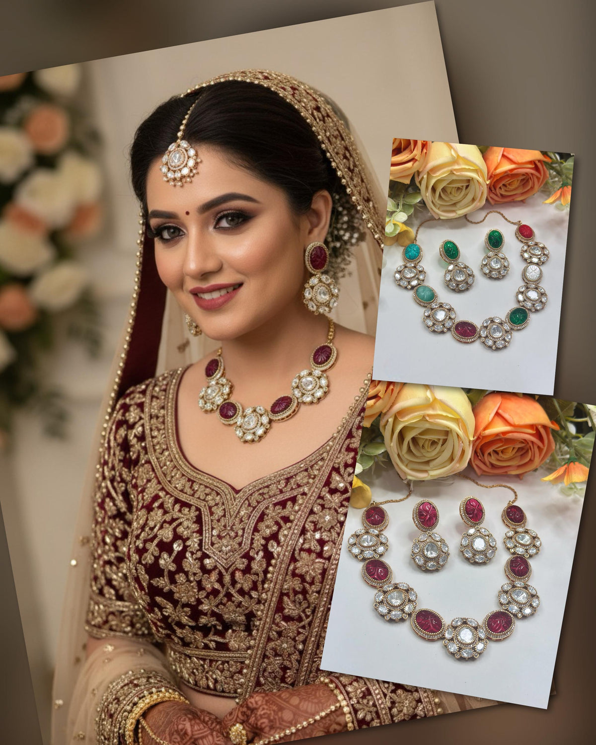 Carved Multicolor Stone Necklace & Earrings Set – Traditional Bridal Jewelry