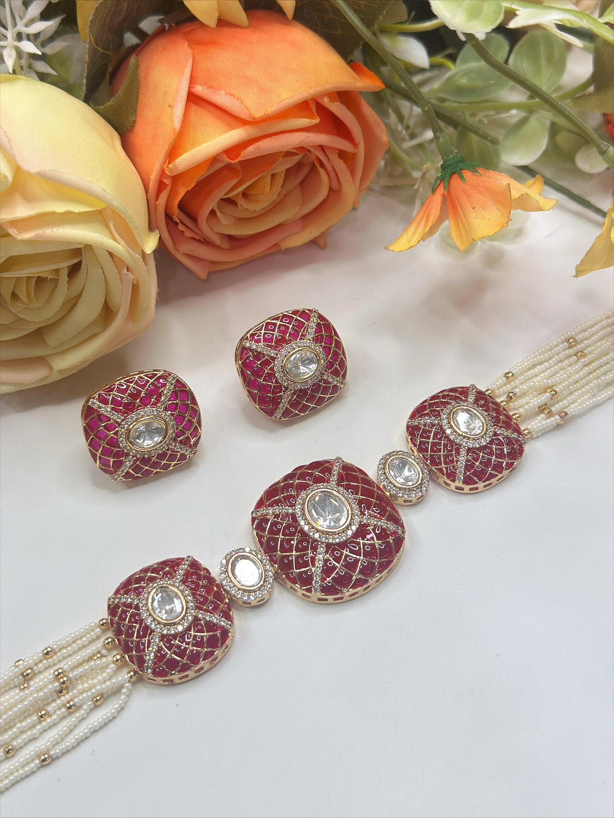 Red Enamel & Pearl Beaded Choker Necklace with Earrings – Bridal & Festive Jewelry