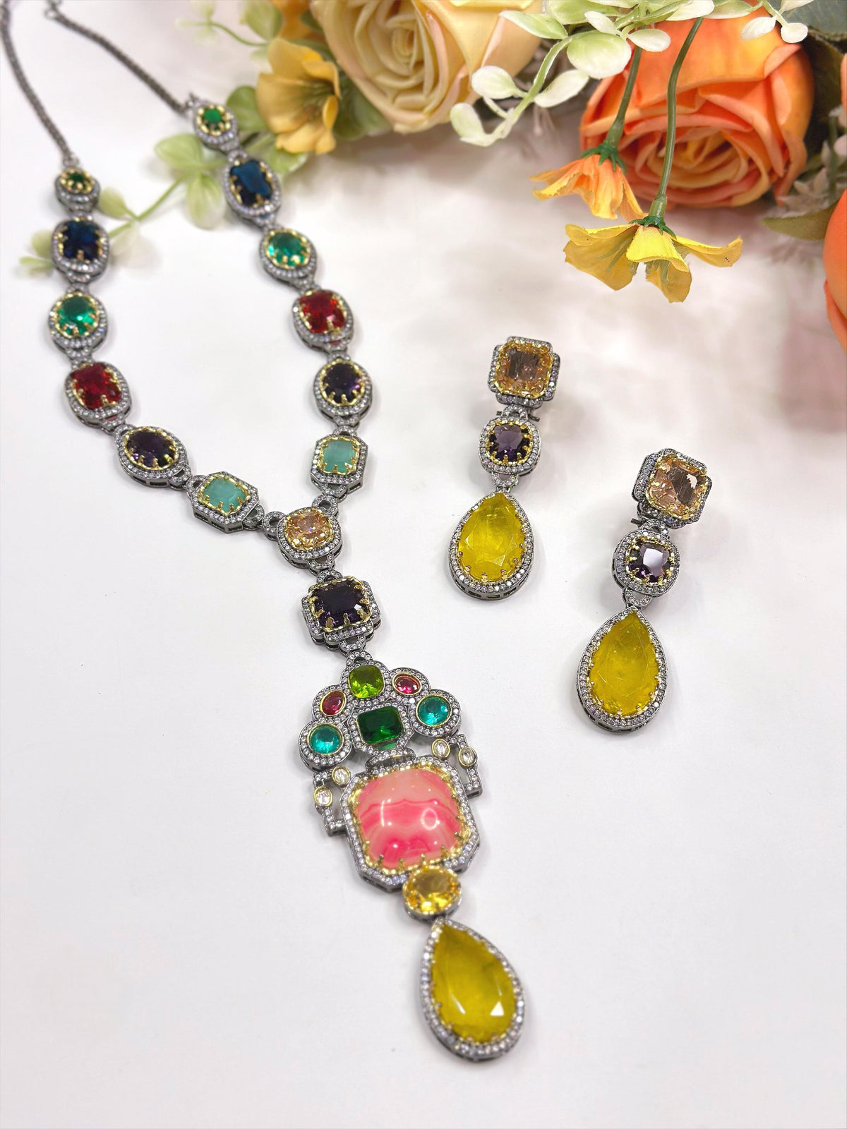 Antique Multicolor Stone Necklace Set with Earrings – Oxidized Finish Statement Jewelry