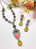 Antique Multicolor Stone Necklace Set with Earrings – Oxidized Finish Statement Jewelry