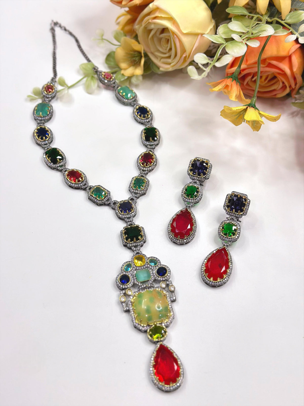 Antique Multicolor Stone Necklace Set with Earrings – Oxidized Finish Statement Jewelry