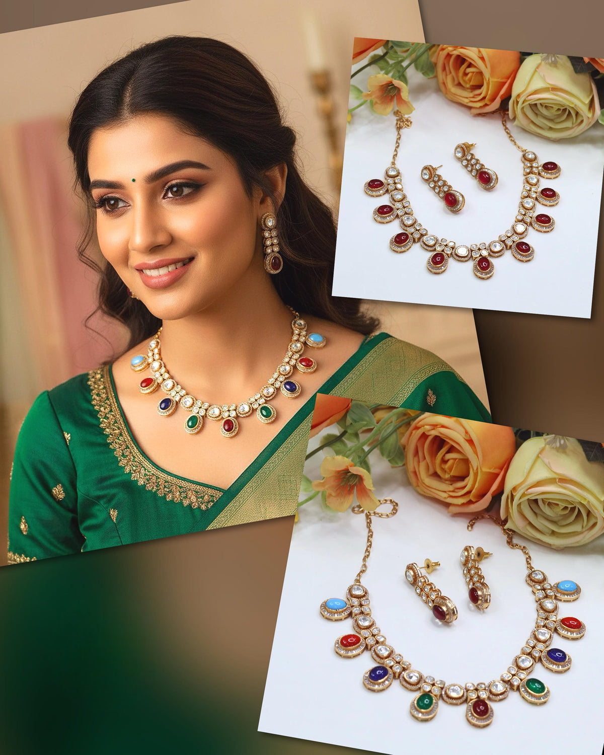Multicolor Kundan Bridal Necklace & Earrings Set – Elegant Wedding Jewelry