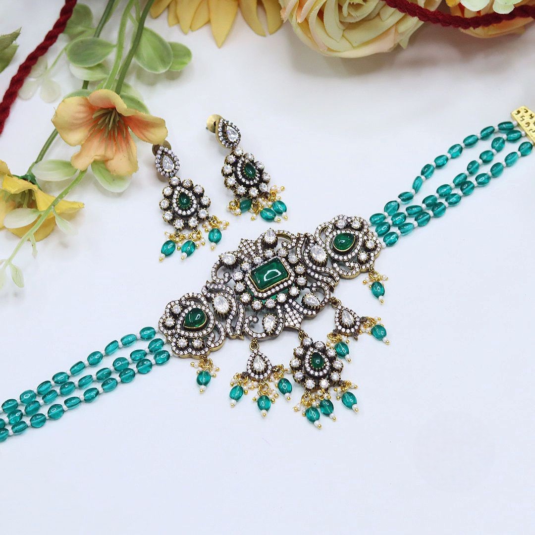Beaded Choker Necklace Set with Matching Earrings – Kundan Jewelry