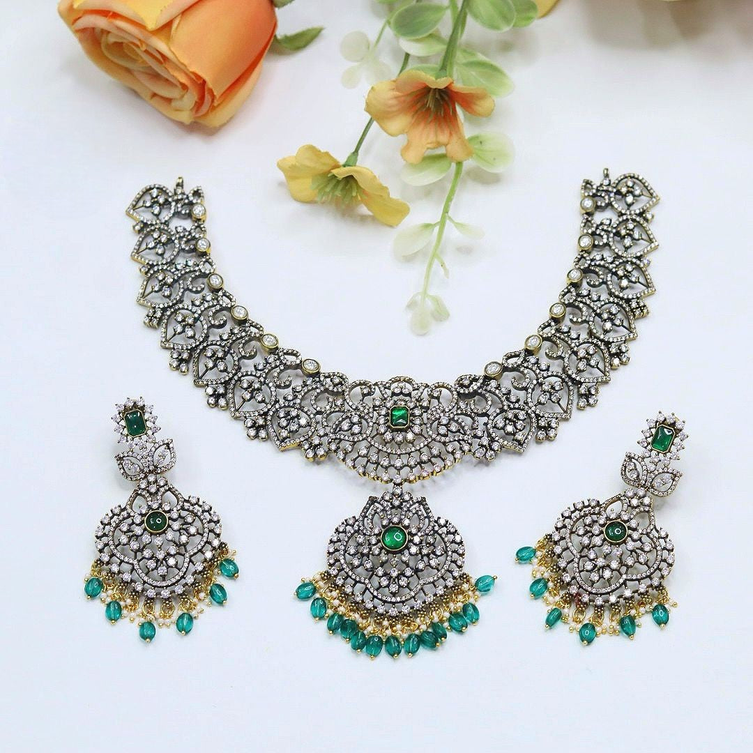 Green Pearl Necklace Set with Earrings – Bridal & Party Wear Jewelry