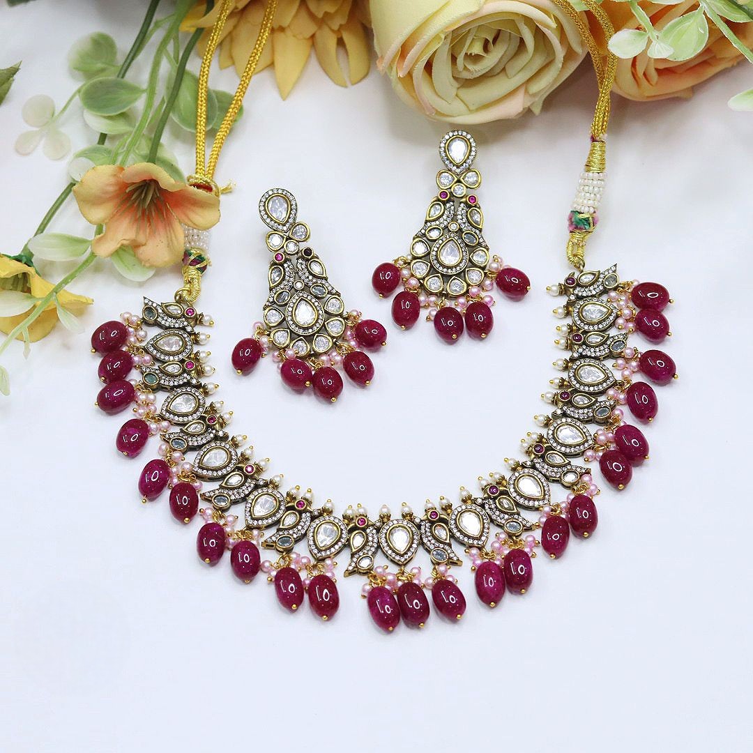 Ruby Red Beaded Kundan Necklace Set with Earrings – Bridal & Party Wear Jewelry