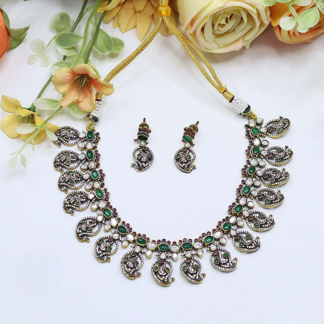 Antique Gold Plated Kundan & Emerald Stone Necklace Set with Earrings