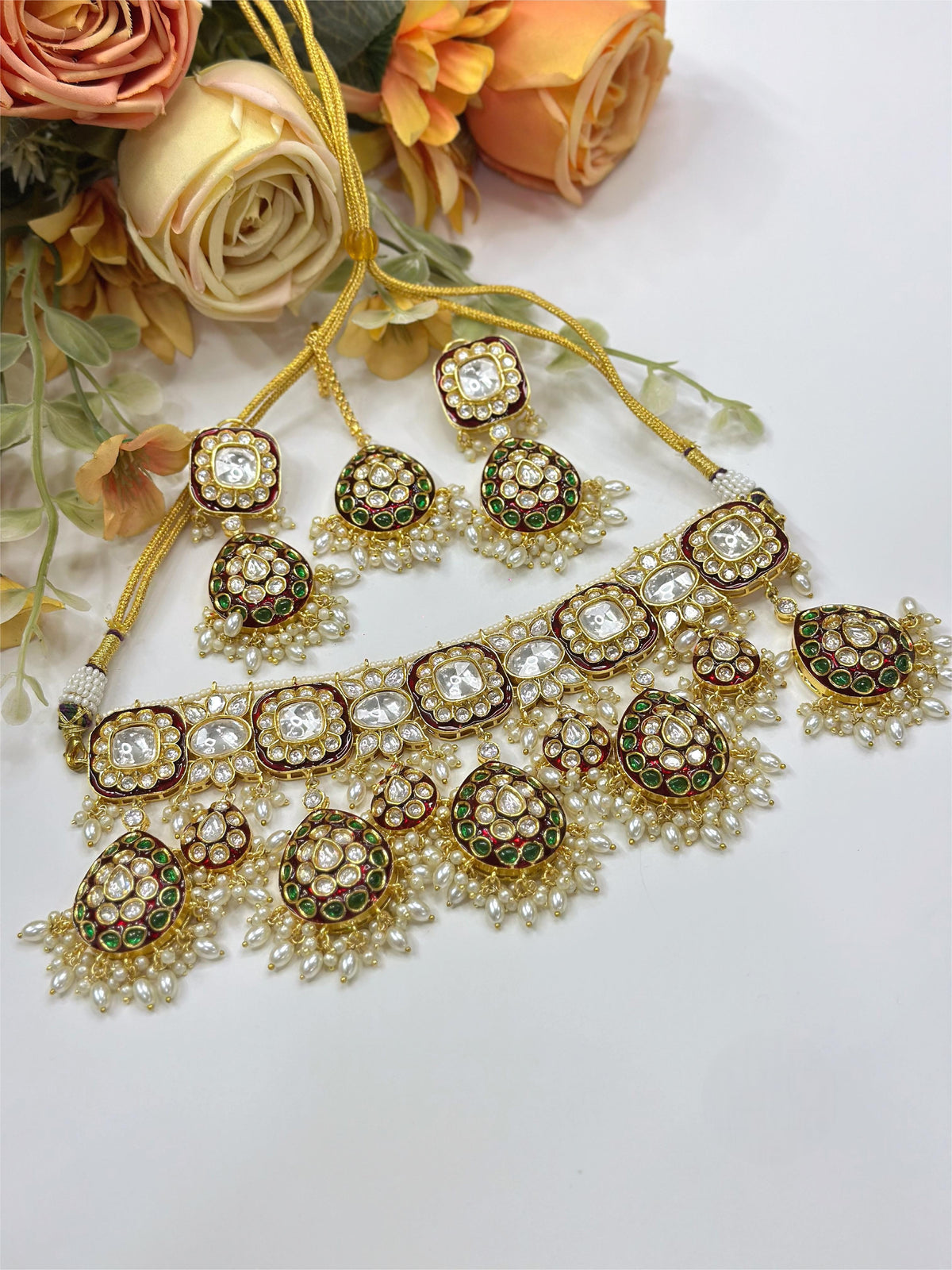 Green Pearl Stone Bridal Necklace, Earrings & Maang Tikka Set – Traditional Indian Wedding Jewelry