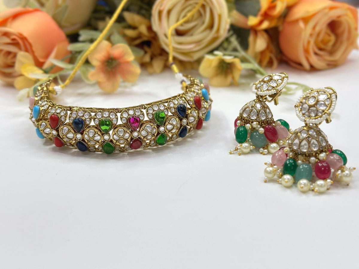 Multicolor Pearl Kundan Choker Necklace with Jhumki Earrings – Traditional Bridal Jewelry