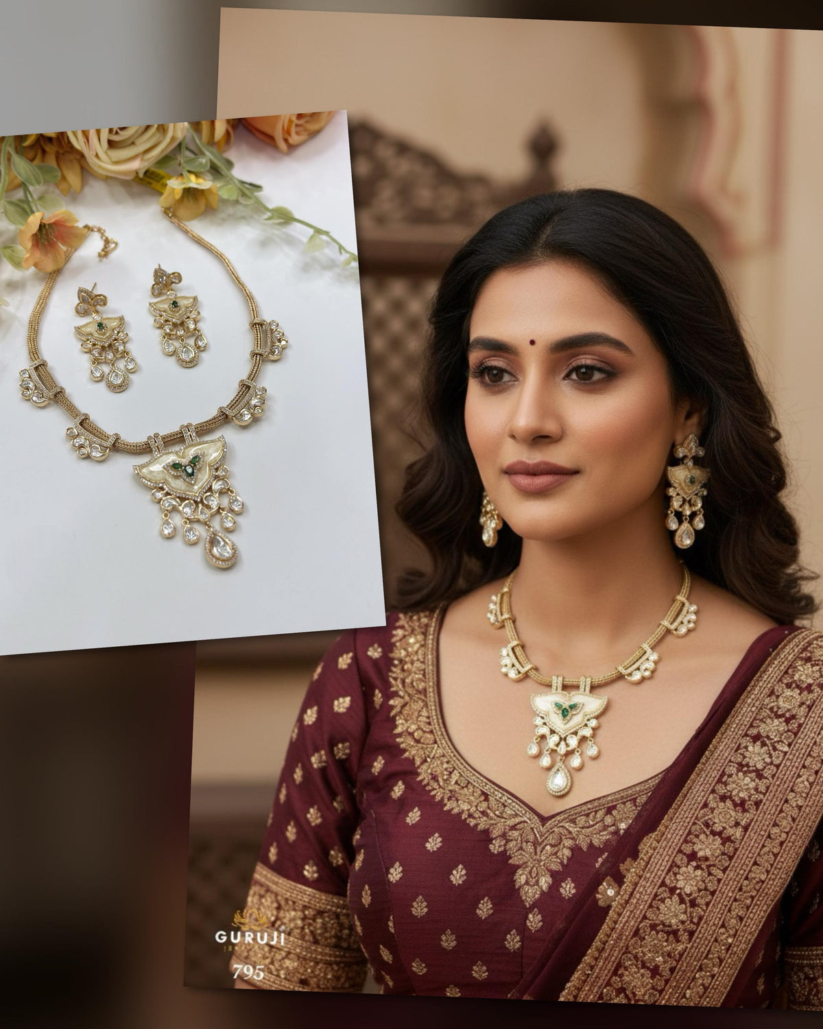 Elegant Kundan Choker Necklace Set with Drop Earrings – Pearl & Green Stone