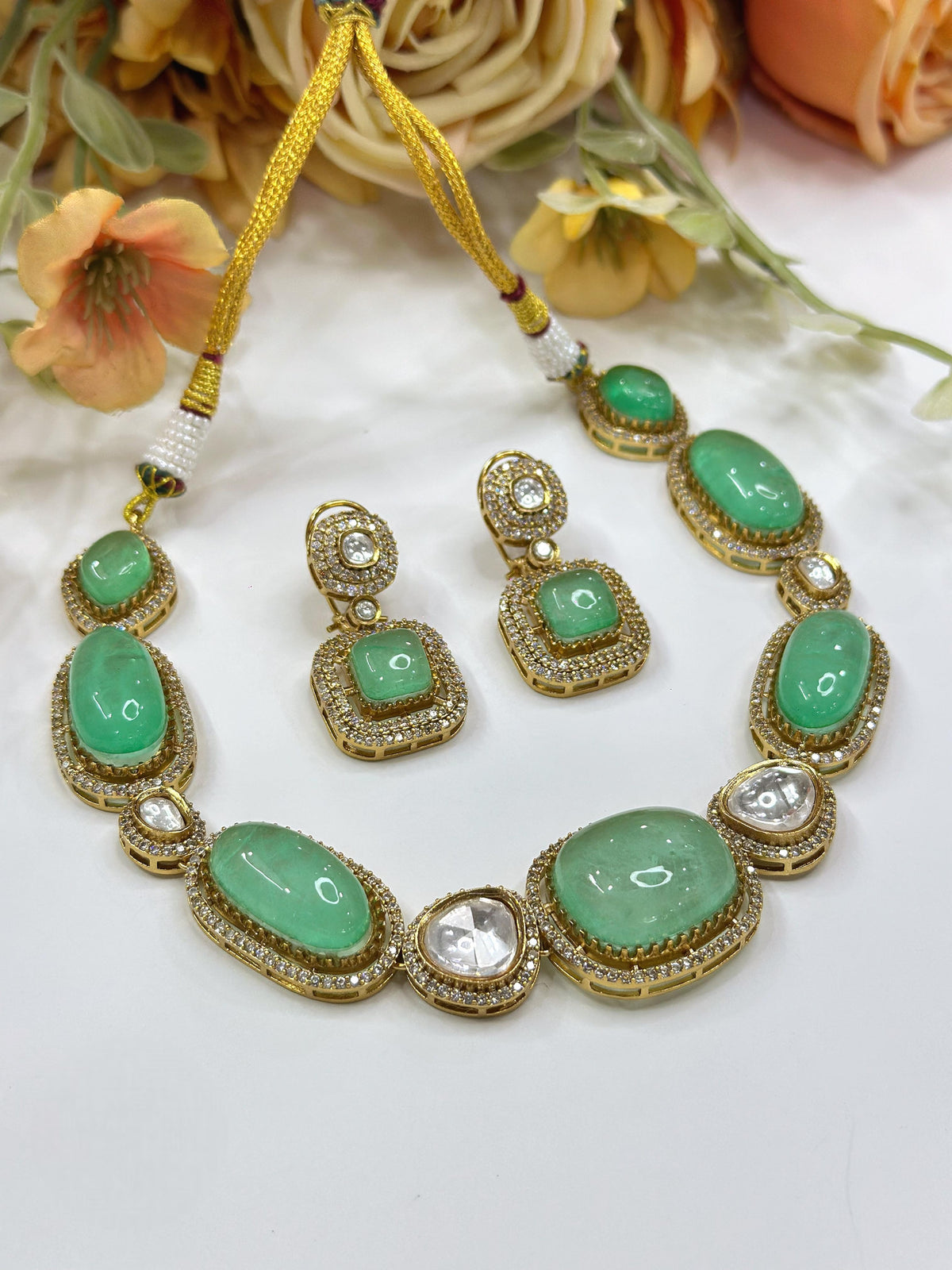 Antique Gold-Toned Polki and Green Stone Necklace Set with Matching Earrings