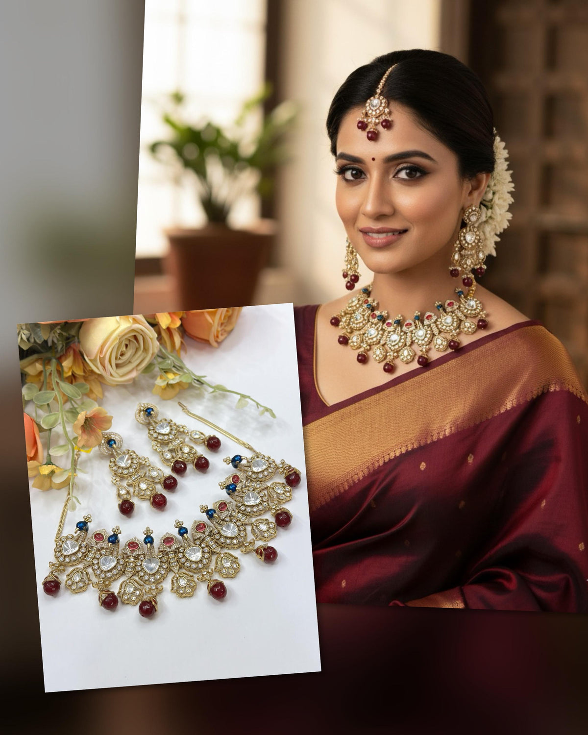 Exquisite Polki & Ruby Red Beaded Choker Set with Matching Earrings
