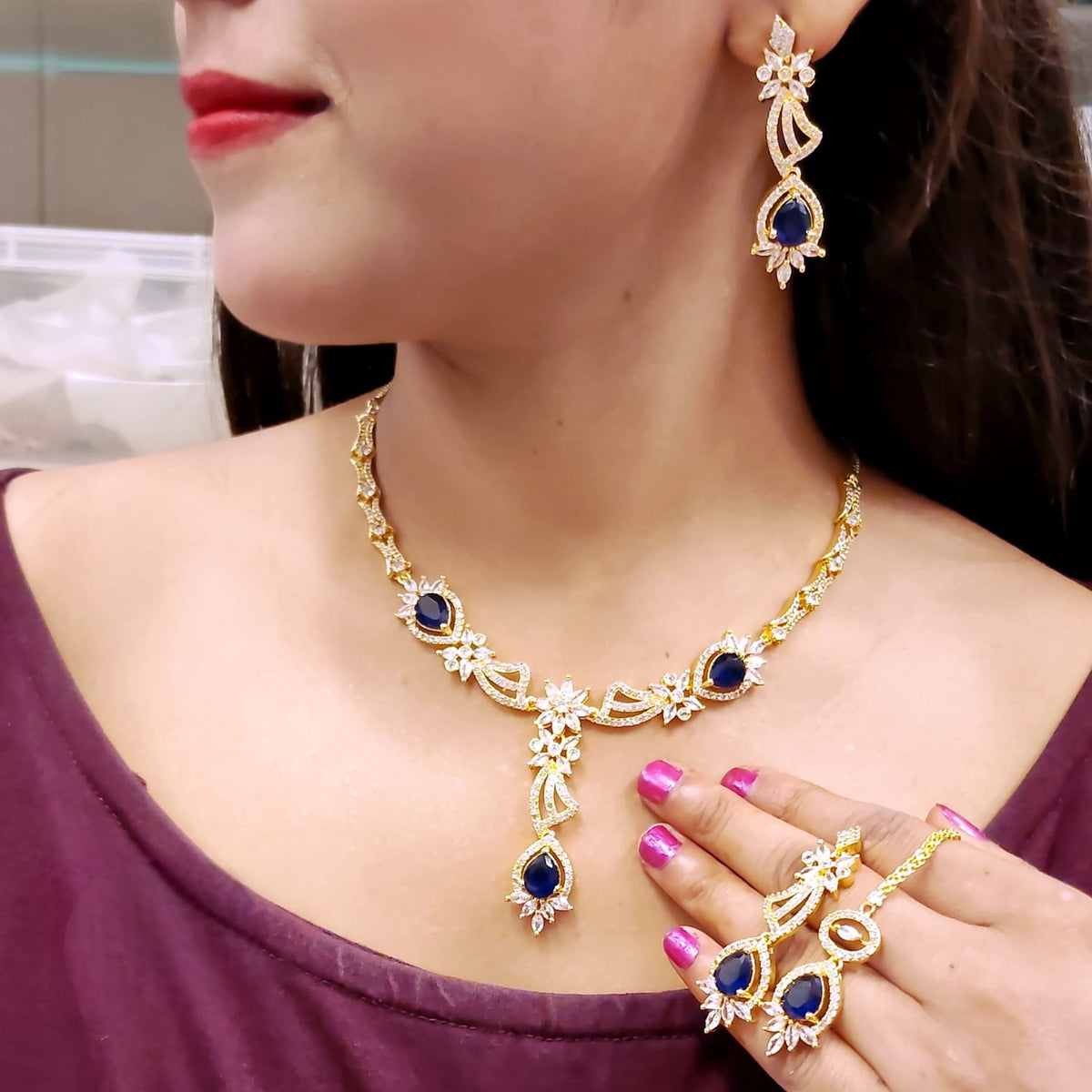 Mint Green Stone & Gold Plated American Diamond Necklace Set