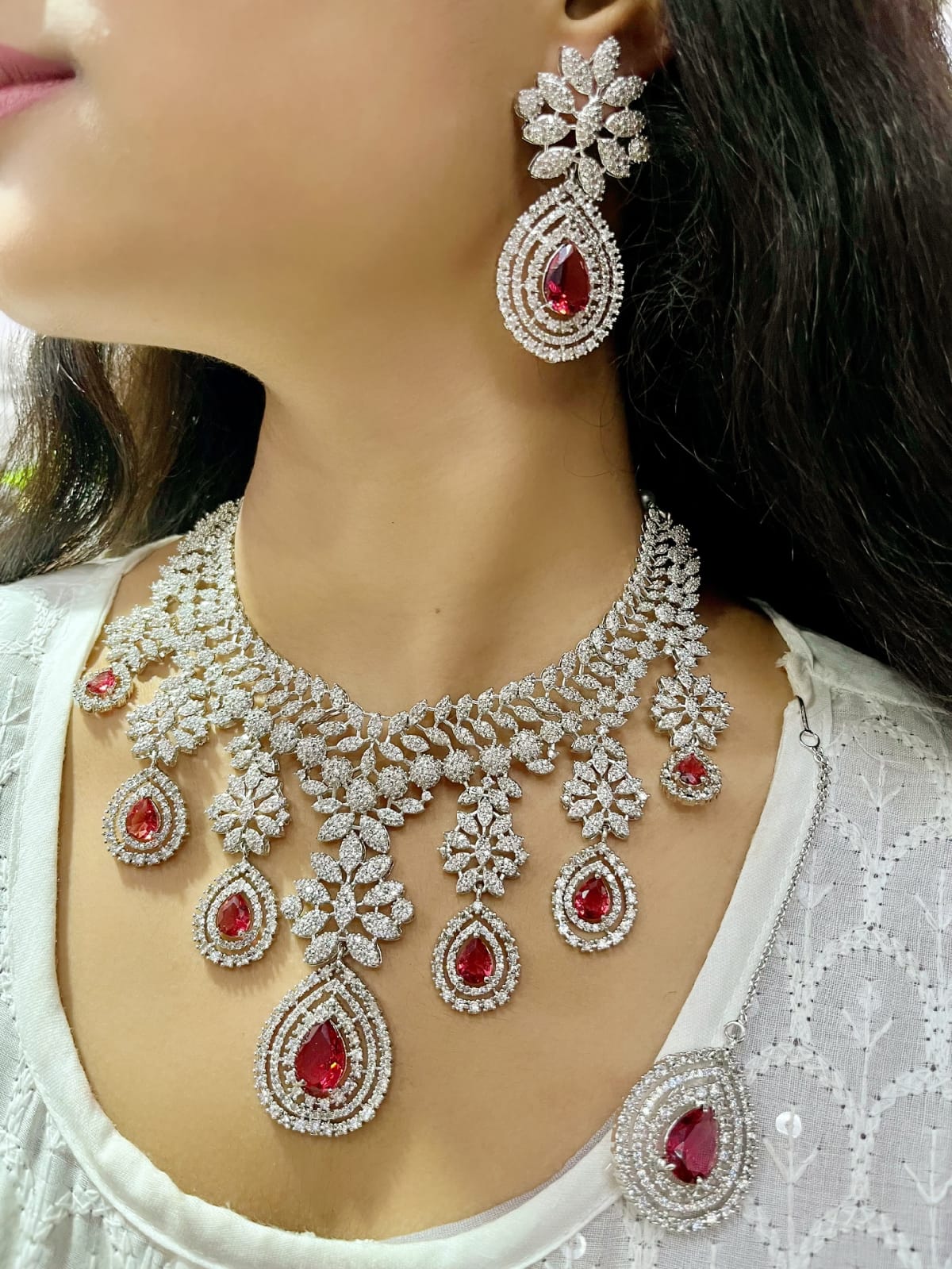 Luxury Diamond Look & Deep Purple Stone Bridal Choker Set with Maangtika