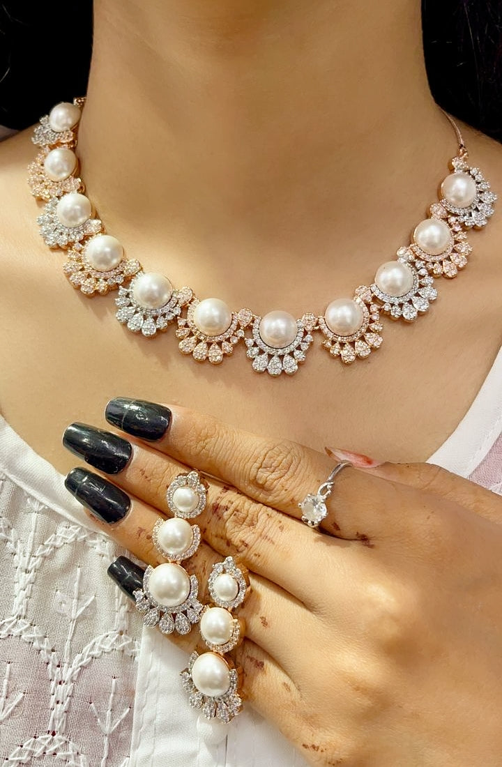 Classic Pearl & Zircon Sparkle Necklace Set – Elegant Party Wear Jewelry for Women