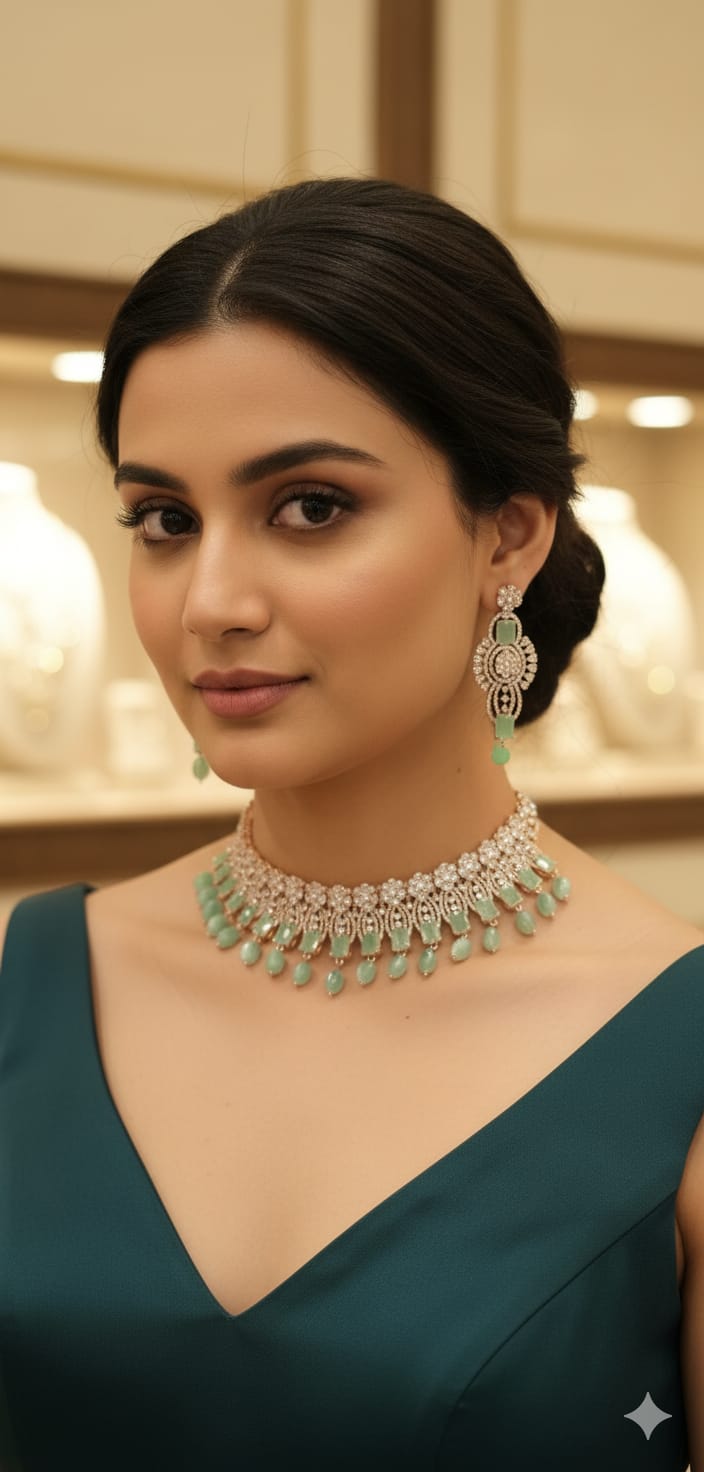 Mint Green Stone & Silver Choker Necklace Set – Elegant Designer Jewelry