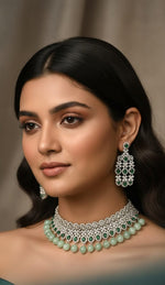 Mint Green Stone & Silver Choker Necklace Earring Set – Elegant Designer Jewelry