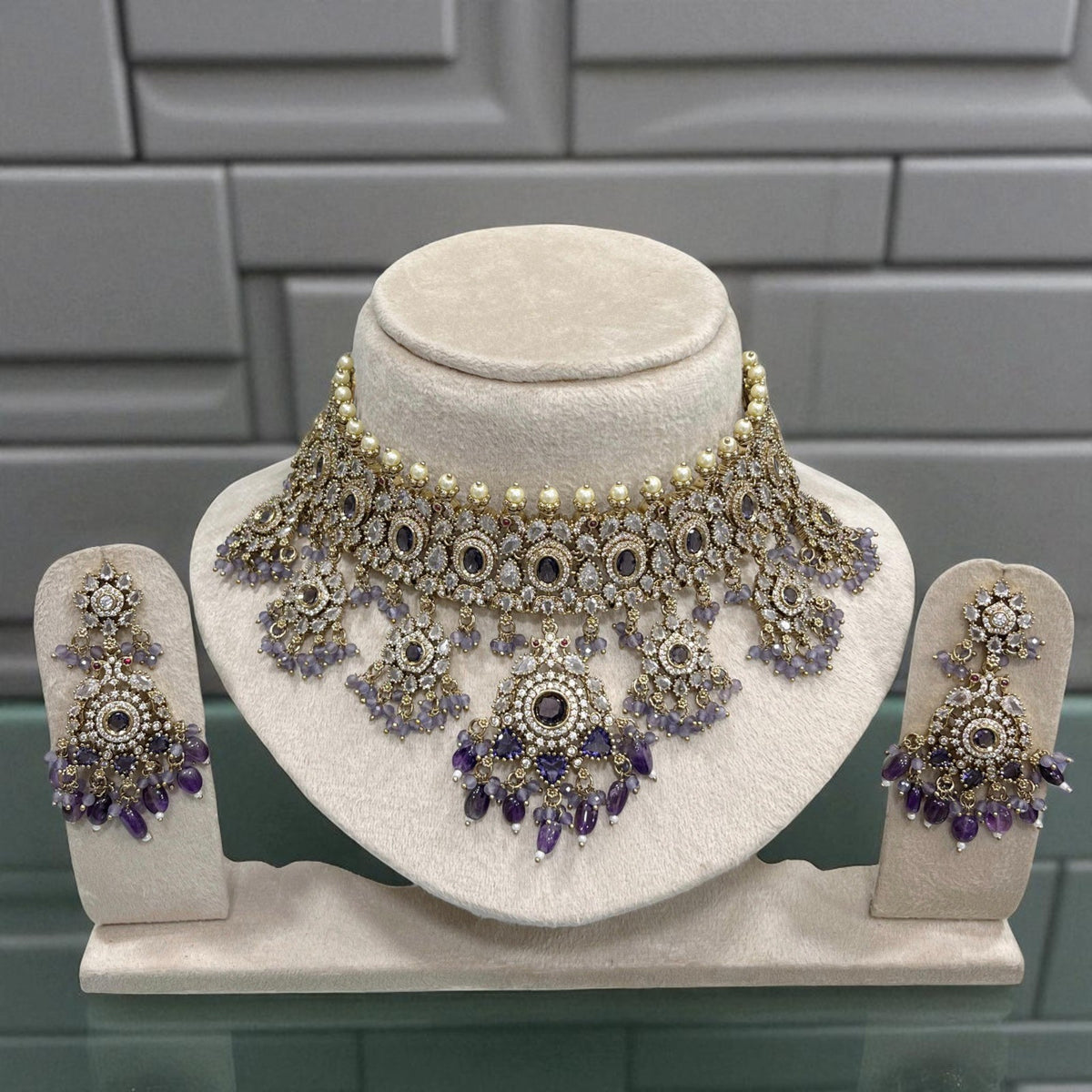 Luxury Mint Green Kundan Choker Pearl Detailing Necklace Set with Beads & Earrings