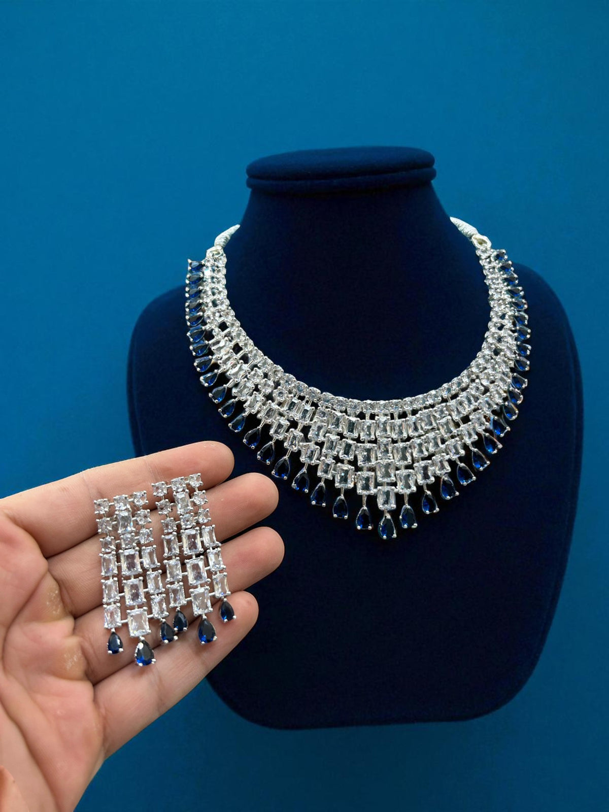 Luxury CZ Stone Bridal Necklace Set with Long Drop Earrings – Silver Finish
