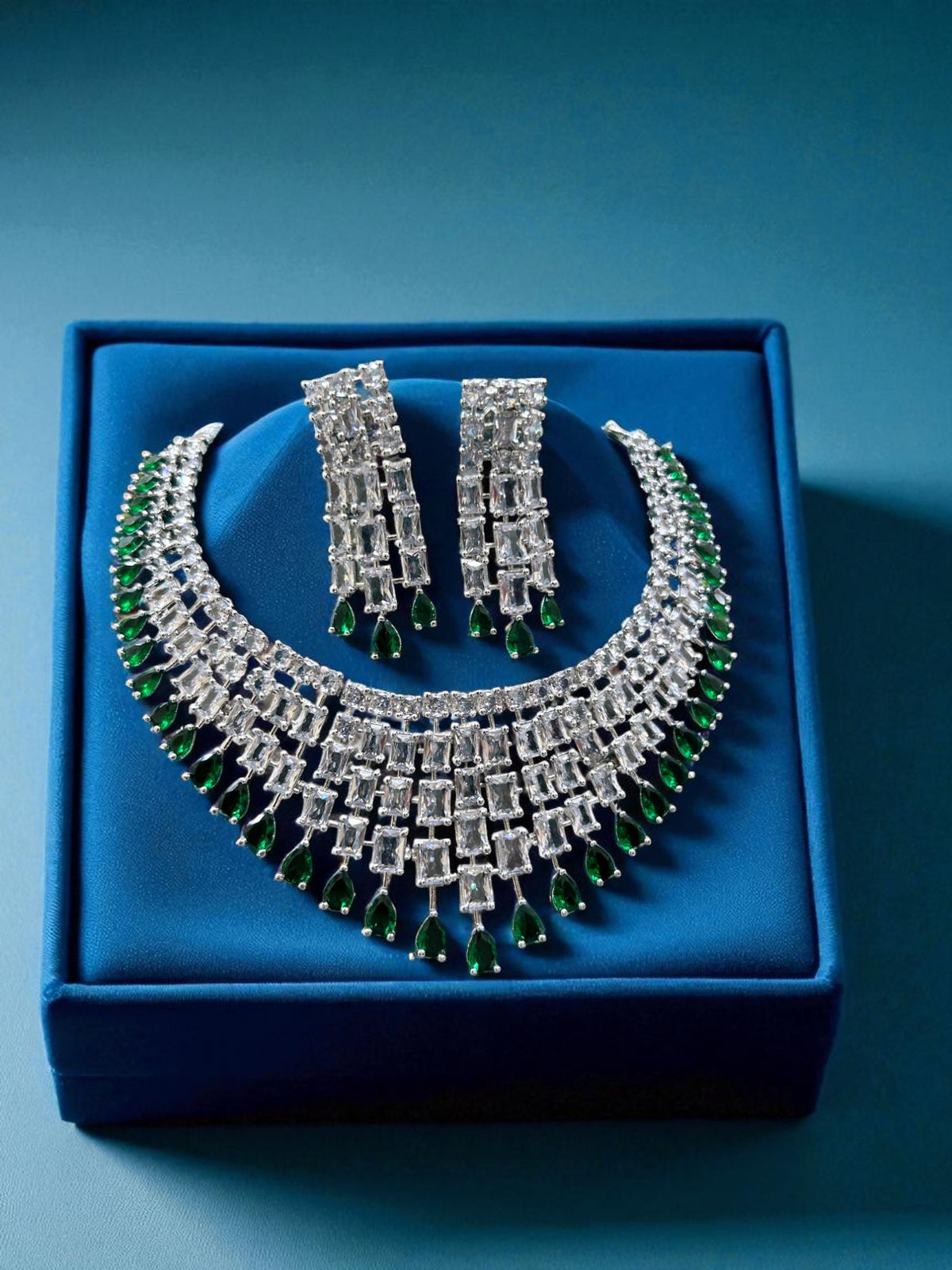 Luxury CZ Stone Bridal Necklace Set with Long Drop Earrings – Silver Finish