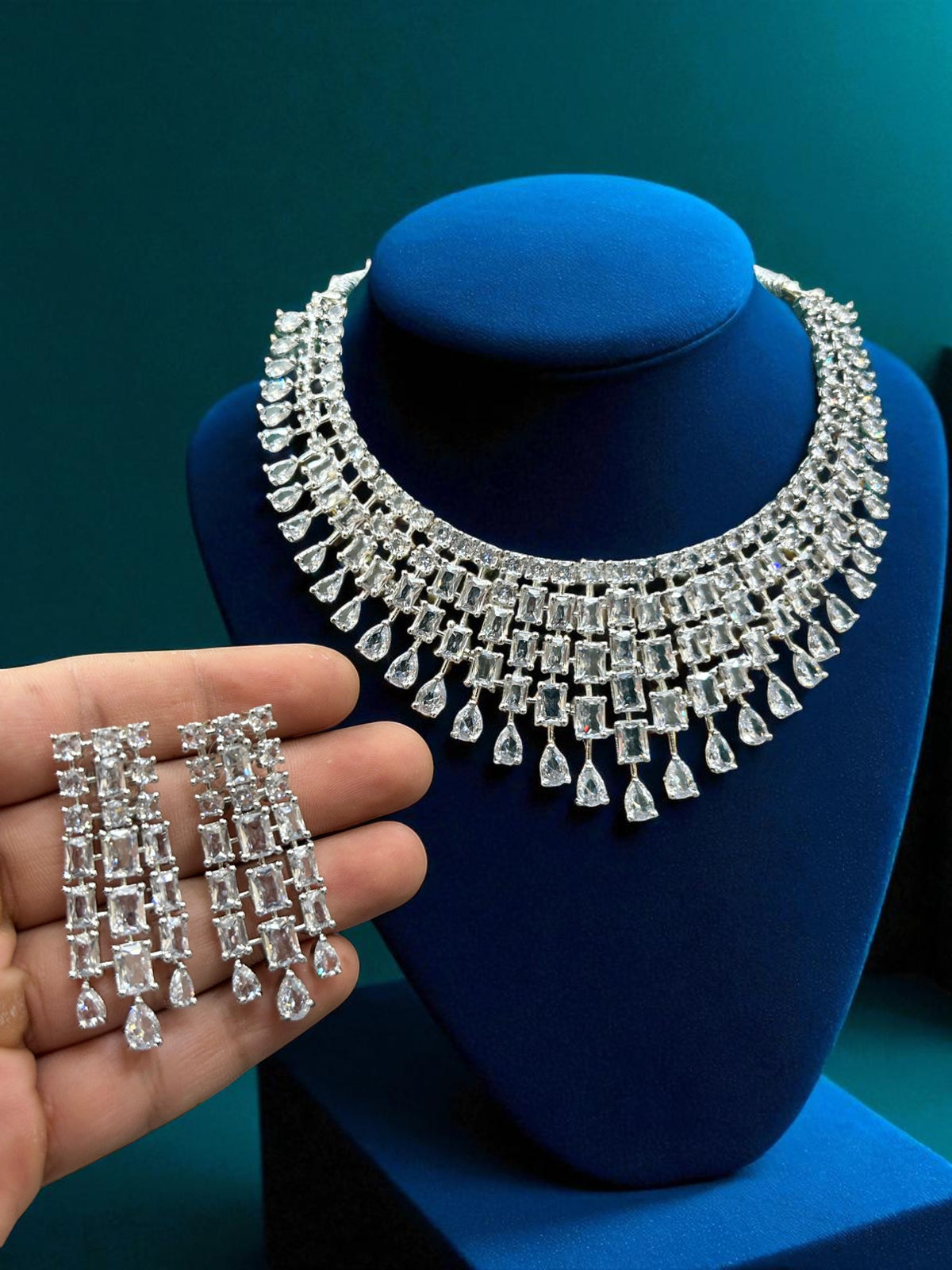 Luxury CZ Stone Bridal Necklace Set with Long Drop Earrings – Silver Finish